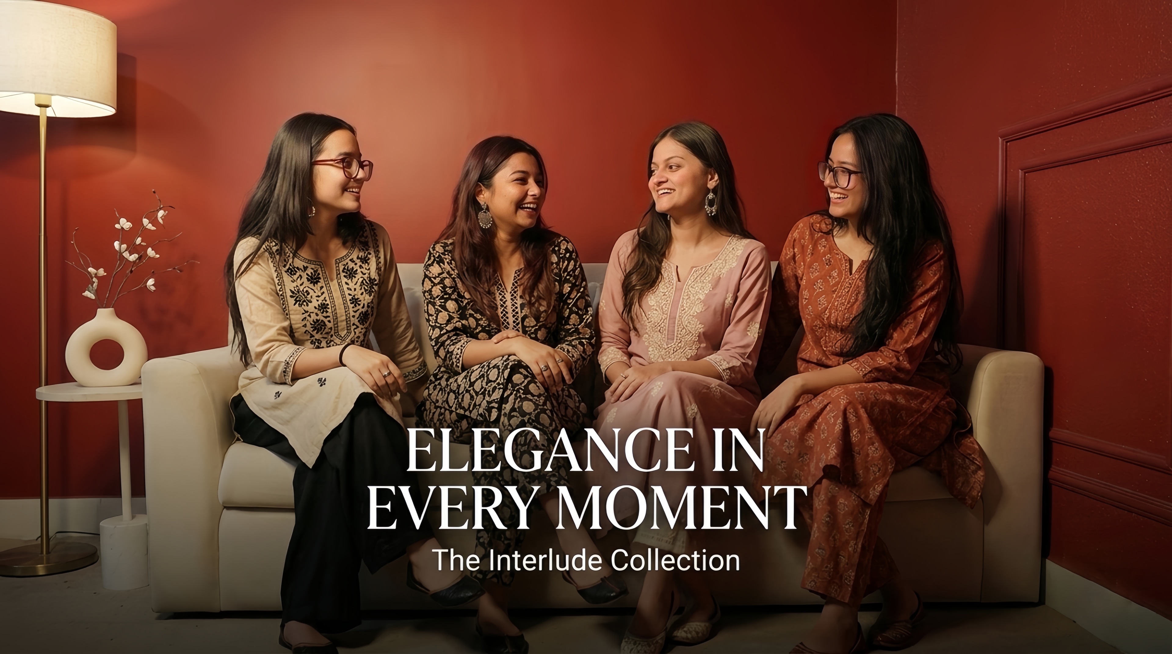 Eloria campaign featuring four women seated together in festive outfits