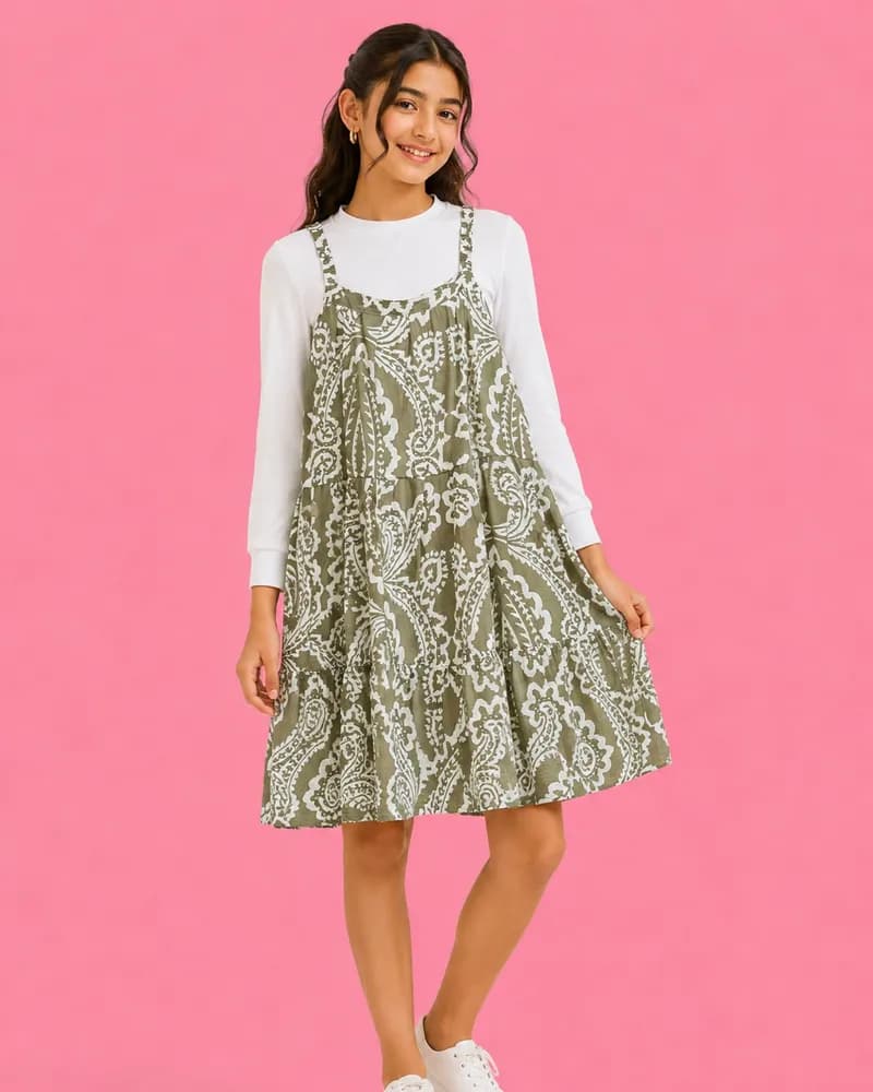Girls Paisley Printed Layered Pinafore Dress
