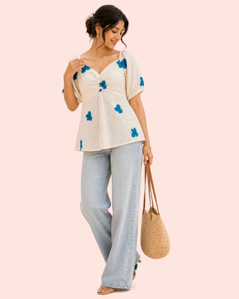 Puff Sleeve Cotton Blend Top