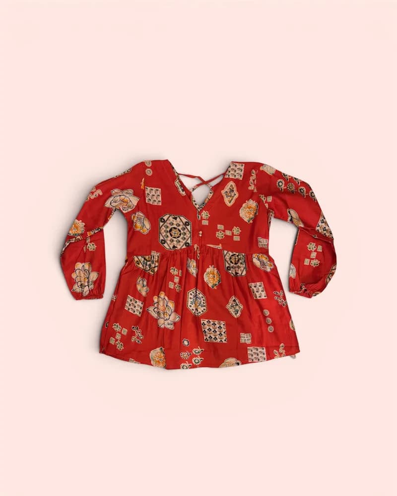 Red Patchwork Floral Print Balloon Sleeve Peplum Top