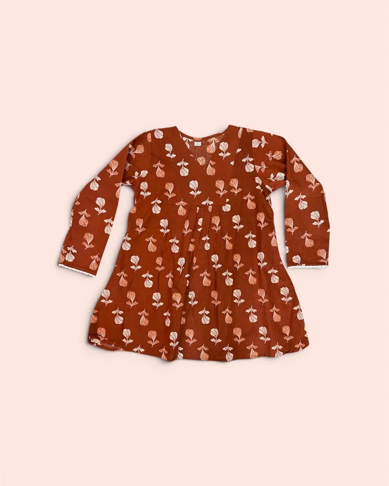 Rust Brown Tulip Print Flowy Midi Dress