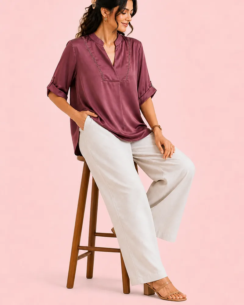 Satin Finish V-Neck Office Wear Top
