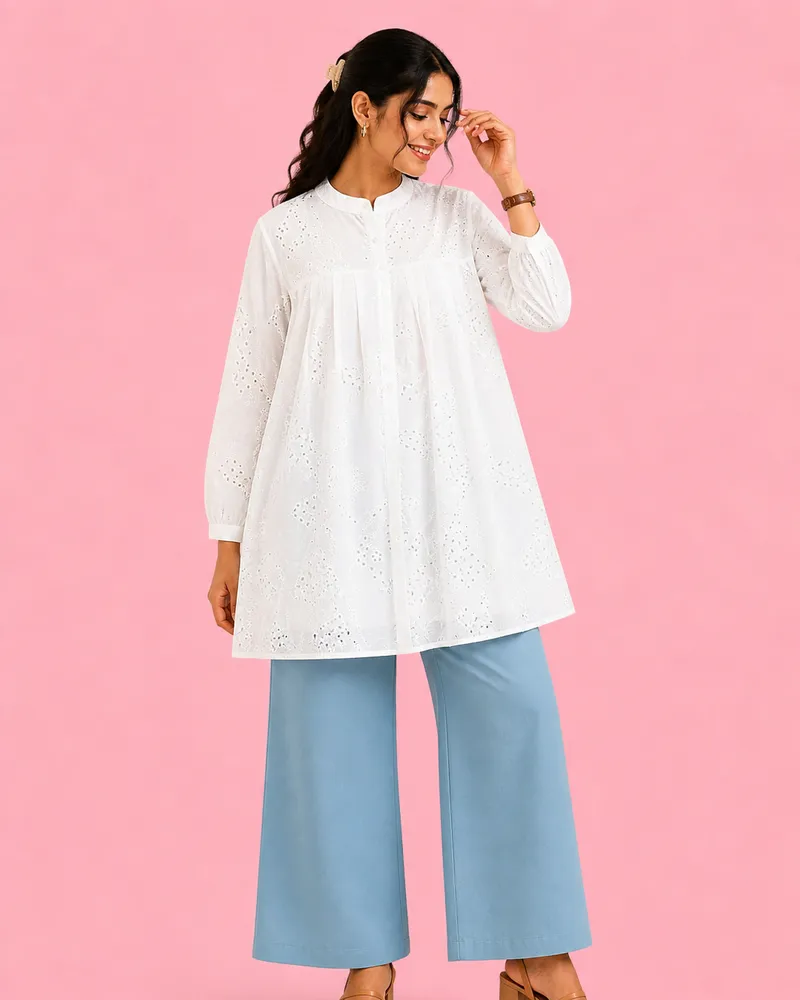 White Schiffli Embroidered A-Line Tunic for Women